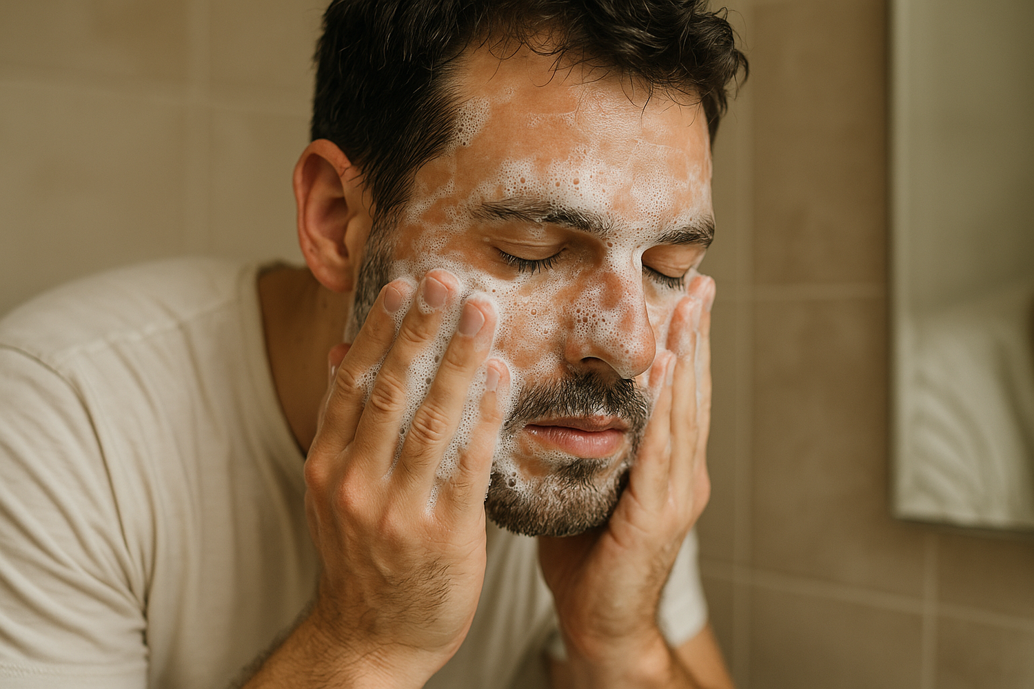 a man have soup foam while washing his face